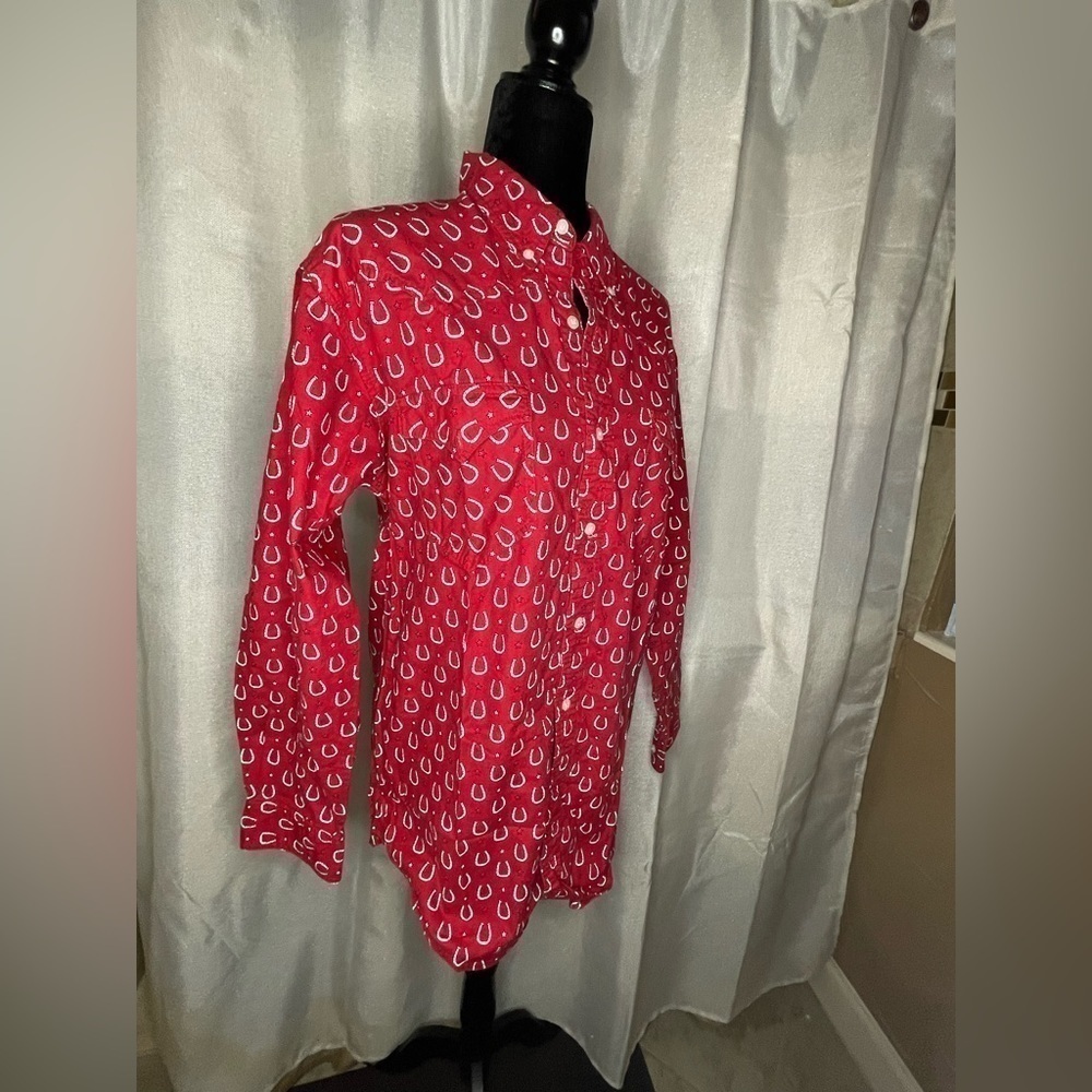 Vintage Express Rider Red Button Down Horseshoe Print Western Shirt Size Medium  - Picture 4 of 8